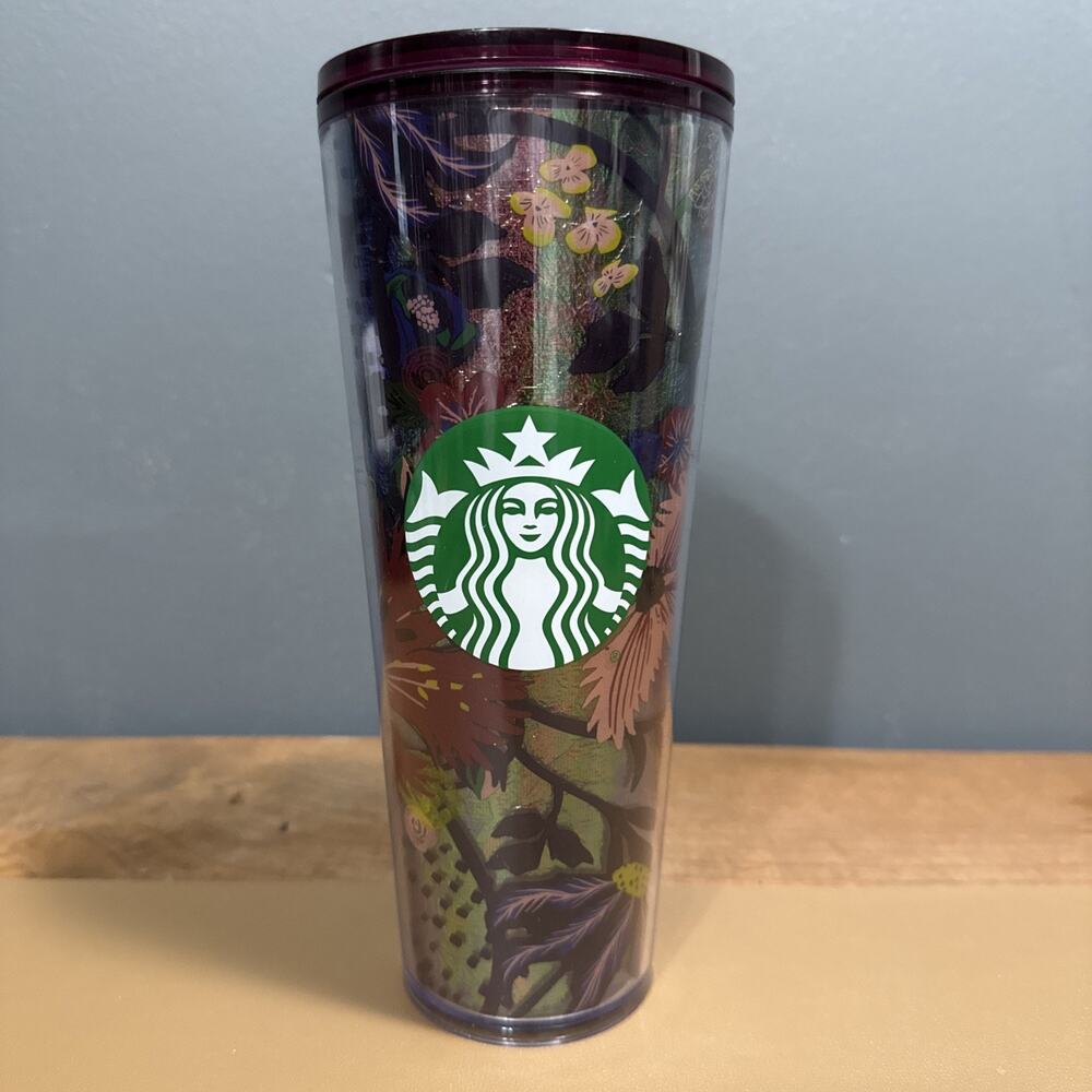 Starbucks Dark Purple Foil Flower Venti Cold Cup Tumbler 24oz No Straw